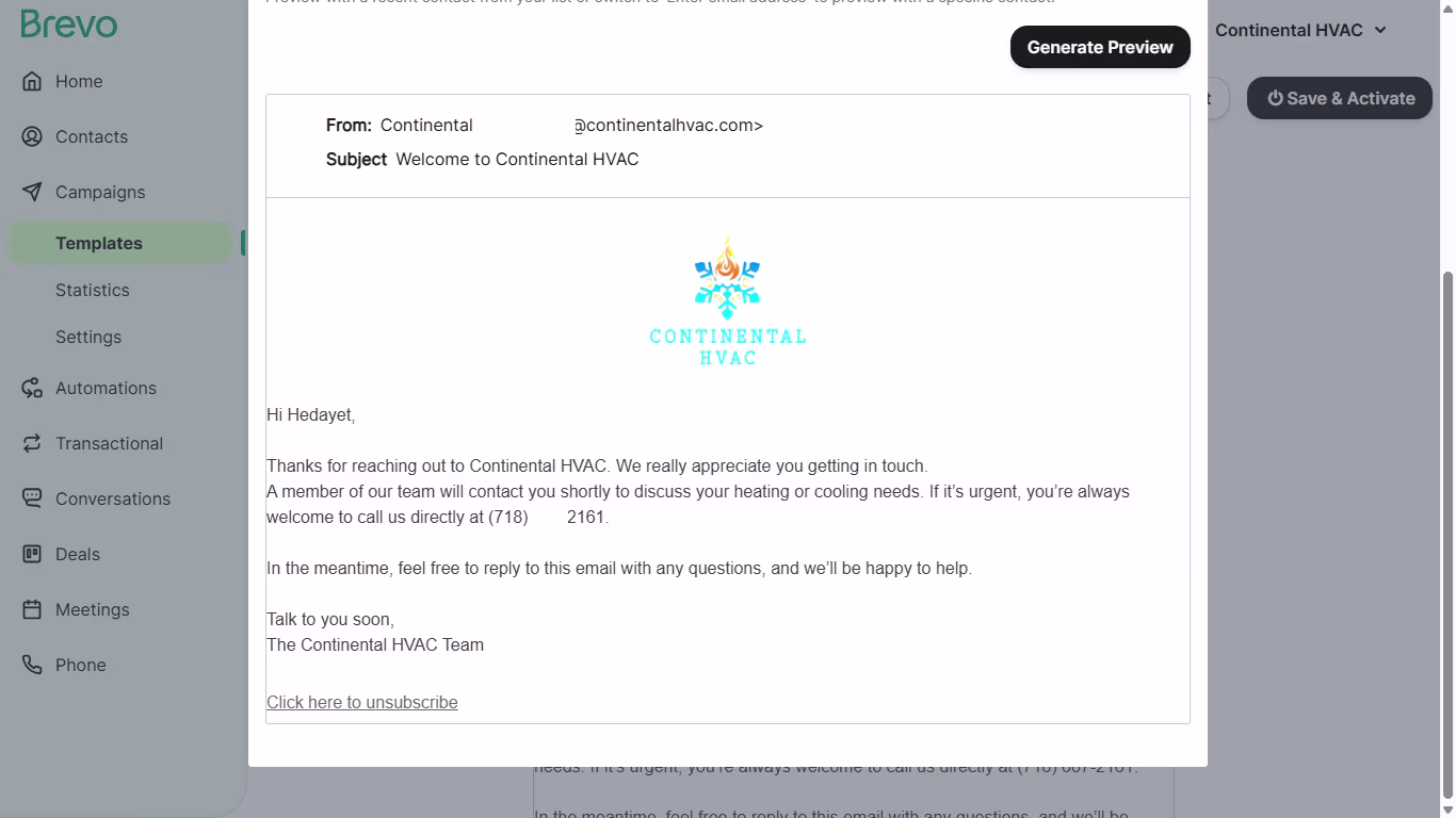 Past work example case study email marketing campaign template project of Hedayet Saadi client name Continental HVAC